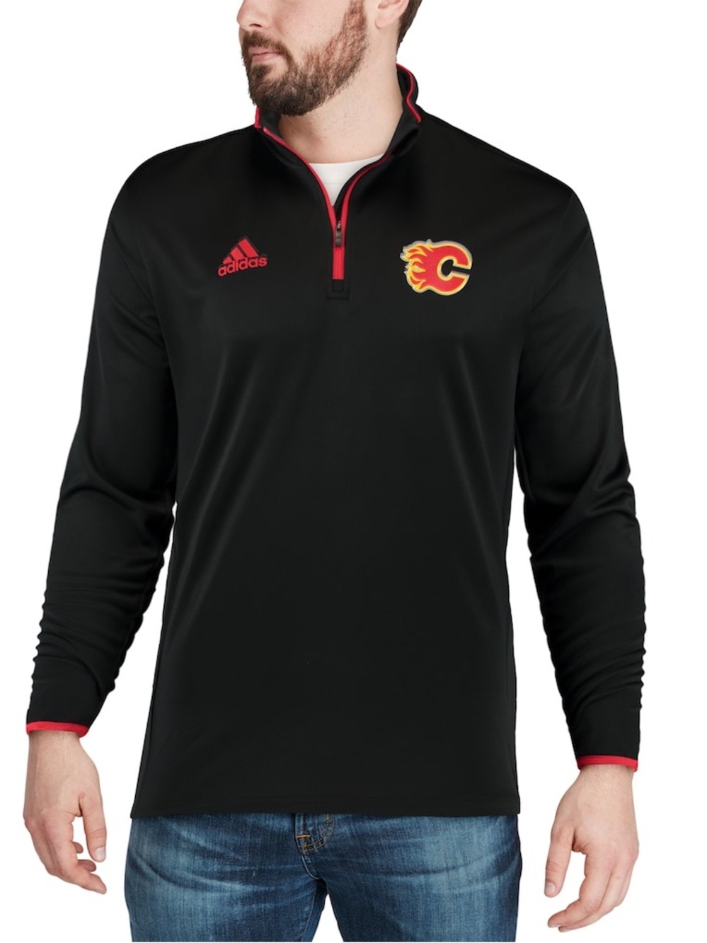 NWT Adidas Calgary Flames Black Red NHL Climalite Quarter Zip Men’s Athleisure